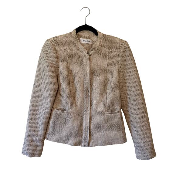 Calvin Klein 0 cream tweed blazer pockets contemporary zipper business casual - Picture 1 of 8